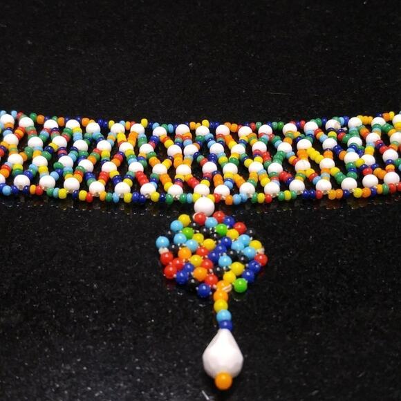 Hong Kong Hand Made Small Beaded Collar Necklace, Boho Seed Beads, 14 1/2 Inches - Picture 8 of 10